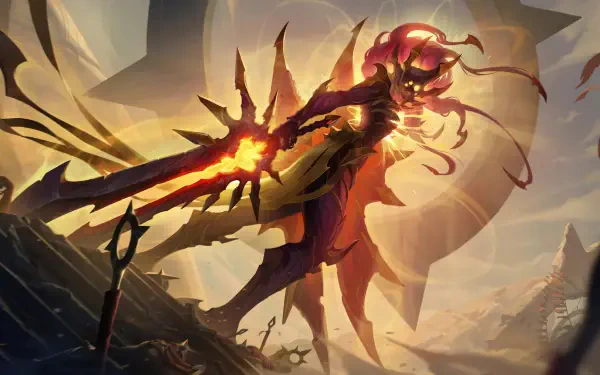 An 8K Ultra HD wallpaper featuring Leona from Legends of Runeterra, showcasing her fierce stance and illuminated sword against a dramatic background.