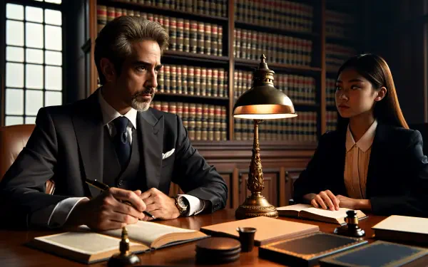 A lawyer and an assistant engage in a serious discussion at a well-organized desk, surrounded by shelves filled with law books. This 4K Ultra HD image captures their focused atmosphere.