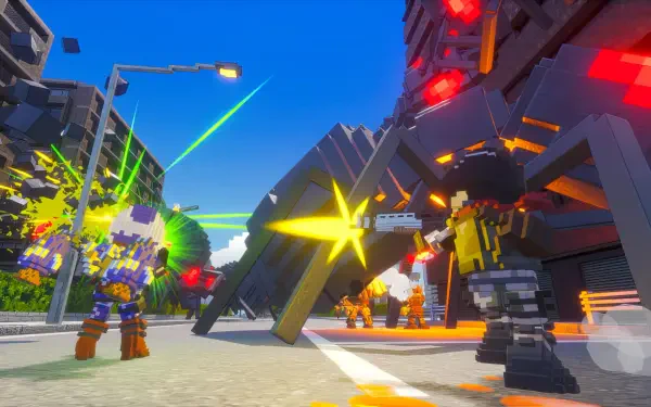 A vibrant HD wallpaper from Earth Defense Force: World Brothers 2, showcasing colorful pixelated characters battling a towering enemy in a dynamic urban setting.