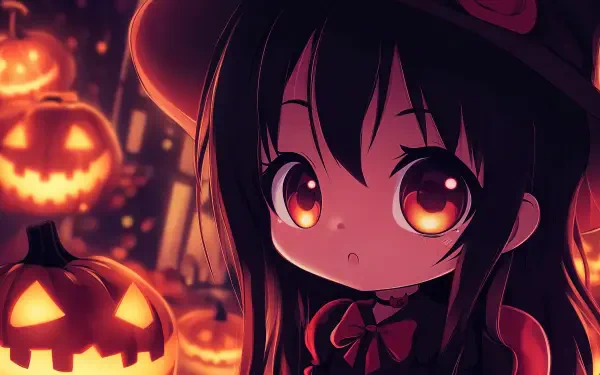 A chibi anime girl with large, expressive eyes stands amidst glowing jack-o'-lanterns in this vibrant Halloween-themed 4K Ultra HD background.
