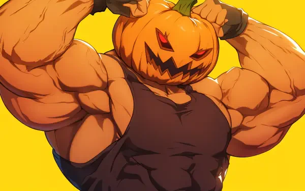 A buff anime character with a menacing pumpkin head poses confidently. Set against a vibrant yellow background, this 4K Ultra HD wallpaper captures a dynamic Halloween vibe.