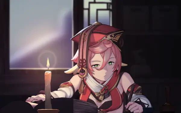A 4K Ultra HD wallpaper featuring Yanfei from Genshin Impact, depicted in a cozy setting with a candle, showcasing her distinct character design and vibrant colors.