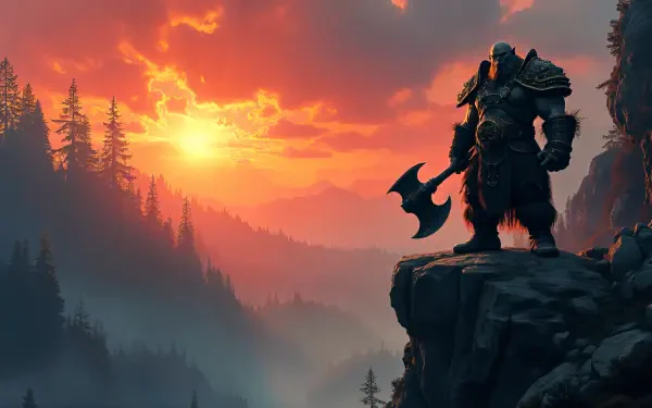 A powerful orc stands atop a rocky cliff, wielding a massive axe against a vibrant sunset backdrop, enhancing the dramatic landscape in this 4K Ultra HD desktop wallpaper.