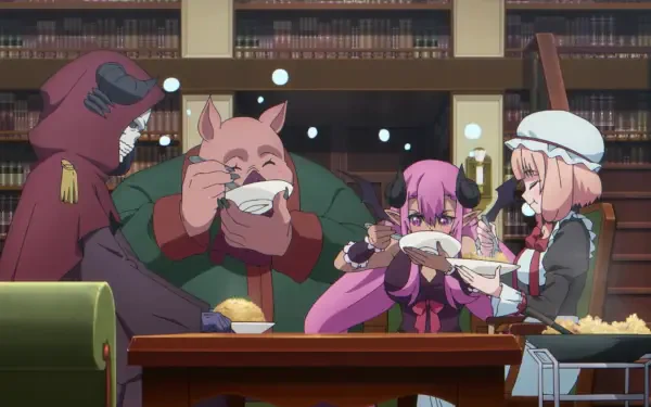 A lively scene from The Strongest Magician in the Demon Lord's Army was a Human, featuring characters enjoying a meal together in a library filled with books.