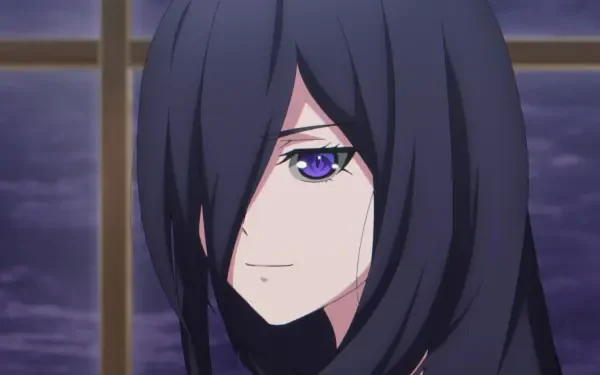 Anime wallpaper featuring a character from The Strongest Magician in the Demon Lord's Army was a Human, showcasing her with long dark hair and striking purple eyes.