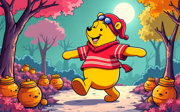 A cheerful Winnie the Pooh, dressed in a red striped sweater and hat, joyfully walks through a colorful landscape filled with honey pots, featuring vibrant trees and a glowing sun.