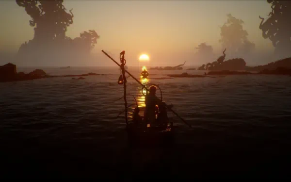 HD PC desktop wallpaper from the video game Black Myth: Wukong, featuring a silhouetted figure on a boat against a glowing sunset over misty waters.