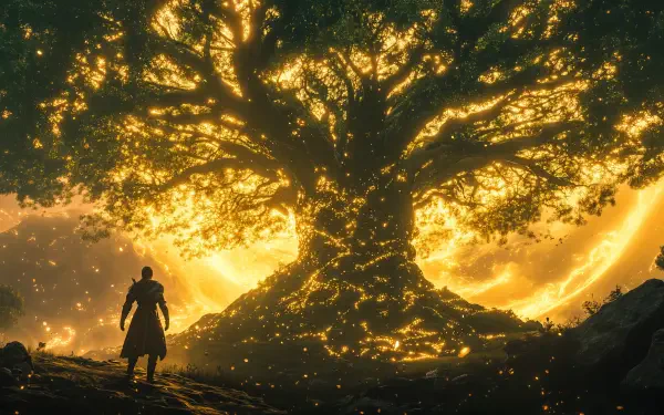 A stunning fantasy depiction of Yggdrasil, the world tree, illuminated by a radiant glow. A solitary figure stands before its majestic branches, creating an enchanting atmosphere for your desktop.