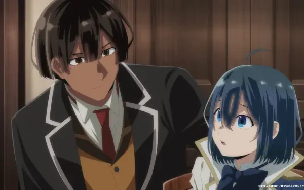 Two anime characters engage in conversation in a richly decorated setting. This image serves as a high-definition wallpaper for As a Reincarnated Aristocrat I'll Use My Appraisal Skill to Rise in the World.