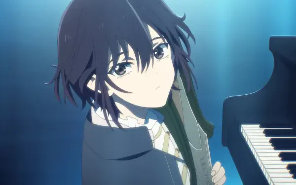HD anime wallpaper from Bye Bye Earth featuring a character with dark hair holding a cello bow beside a piano, set against a moody, blue-lit background.