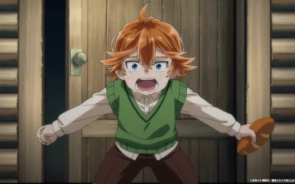 A young animated character with orange hair, wearing a green vest, shouts passionately in front of a door, inspired by As a Reincarnated Aristocrat I’ll Use My Appraisal Skill to Rise in the World.