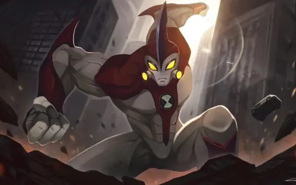 HD Ben 10 desktop wallpaper: red-and-white alien with glowing yellow eyes and Omnitrix insignia bursting through rubble, representing Ben 10, Alien Force, Ultimate Alien, Omniverse, 2016.