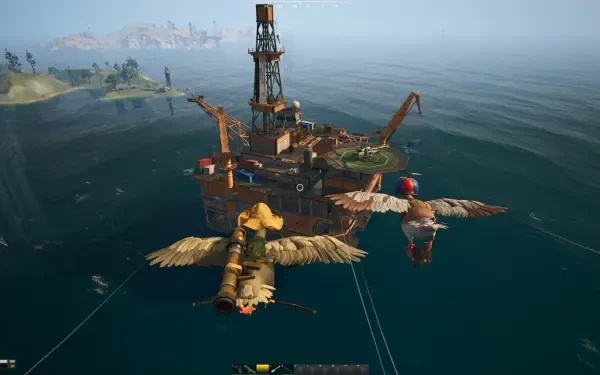 An HD PC desktop wallpaper showcasing an expansive ocean scene from the video game DUCKSIDE, featuring flying ducks near an industrial oil rig.