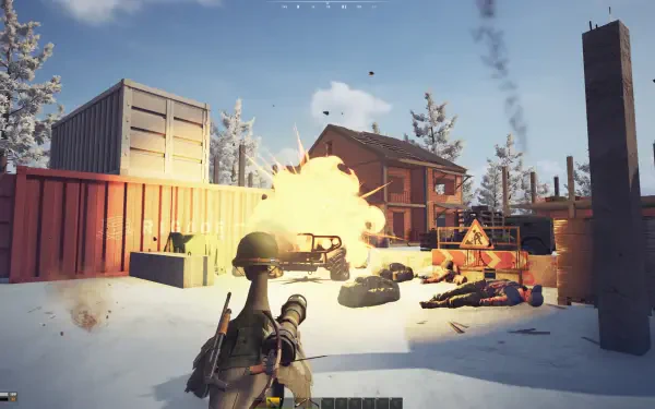 A dynamic scene from the video game DUCKSIDE, featuring a character in a snowy landscape amidst an explosion, surrounded by containers and debris, set as a HD PC desktop wallpaper.