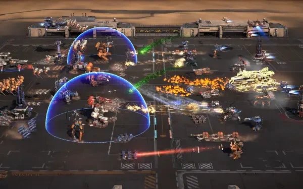 An action-packed HD wallpaper from Mechabellum, showcasing intense robot battles with vibrant lasers, explosions, and strategic formations on a futuristic battlefield.