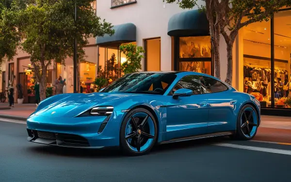 HD desktop wallpaper of a sleek blue Porsche Taycan parked on a city street, showcasing the car's modern design and Porsche's luxury craftsmanship.