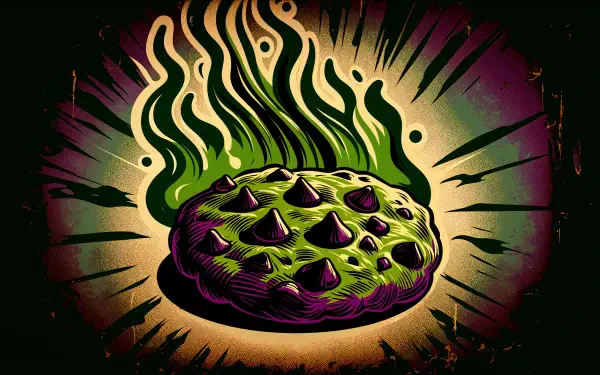 A stylized illustration of a chocolate chip cookie with vibrant green flames, set against a dynamic background, making it an eye-catching 4K Ultra HD wallpaper for PC desktops.