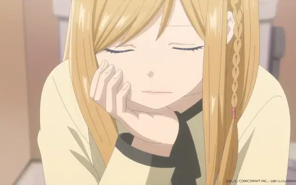 A serene scene from the anime My Love Story With Yamada-kun at Lv999, featuring a young woman with long blonde hair, resting her chin on her hand, conveying a contemplative mood.