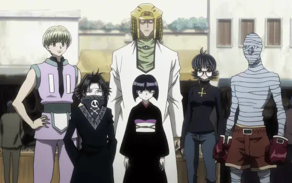 Group of characters from Hunter x Hunter: Shizuku Murasaki, Bonolenov Ndongo, and Phinks Magcub, featuring members of the Phantom Troupe in an HD wallpaper background.