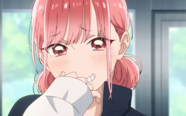 HD anime desktop wallpaper featuring Hina Chouno from Blue Box, showcasing her pink hair and expressive eyes in a softly lit indoor setting.