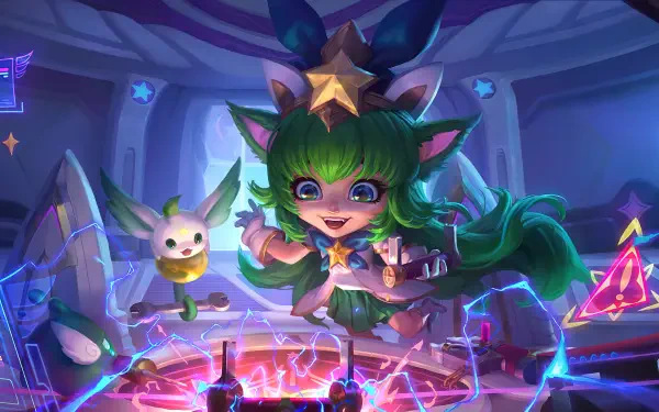 Vibrant 4K Ultra HD wallpaper featuring Lulu from League of Legends, joyfully casting spells alongside her companion in a whimsical, colorful environment inspired by Legends of Runeterra.