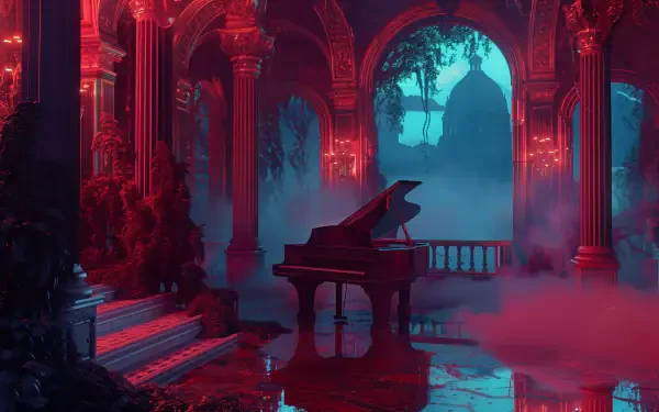 A serene 4K Ultra HD wallpaper featuring a grand piano nestled in an atmospheric, misty environment with vibrant colors and ornate architectural details, evoking a chill lofi vibe.