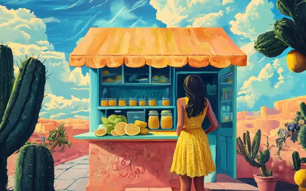 A woman in a yellow dress stands at a vibrant lemonade stand, surrounded by cacti and a picturesque desert landscape under a bright blue sky. 4K Ultra HD wallpaper.