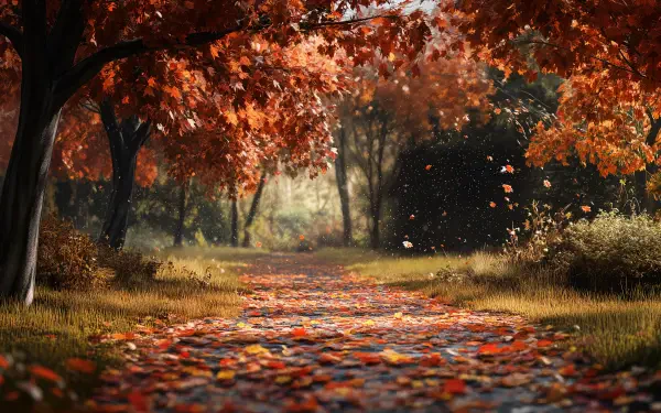 A serene autumn path lined with vibrant red and orange leaves, capturing the essence of fall weather in stunning 4K Ultra HD.