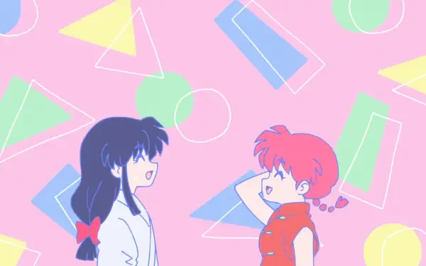 HD PC desktop wallpaper featuring anime characters Akane Tendou and Ranma Saotome from Ranma ½ against a pastel geometric background.