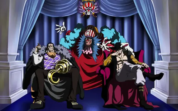 HD PC desktop wallpaper: One Piece anime scene with Buggy centered and Crocodile and Dracule Mihawk lounging on thrones in a dark, opulent curtained hall beneath a clown emblem.