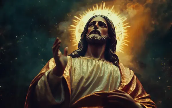 A striking HD desktop wallpaper featuring Jesus, depicted with a radiant halo, set against a dramatic background that evokes a sense of reverence and spirituality.