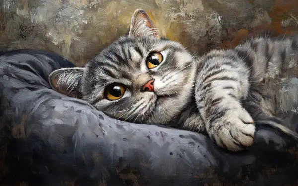 A charming Scottish Fold cat lounges on a soft surface, showcasing its round, expressive eyes and distinctive ear shape. This high-definition image serves as a vibrant desktop wallpaper.