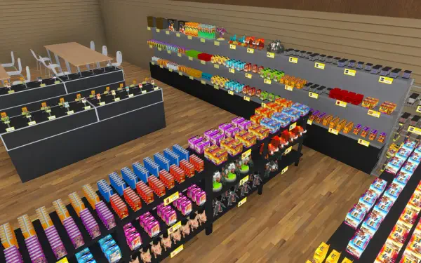 A vibrant HD desktop wallpaper featuring a TCG Card Shop Simulator, showcasing colorful shelves filled with various card packs and snacks in a modern shop interior.