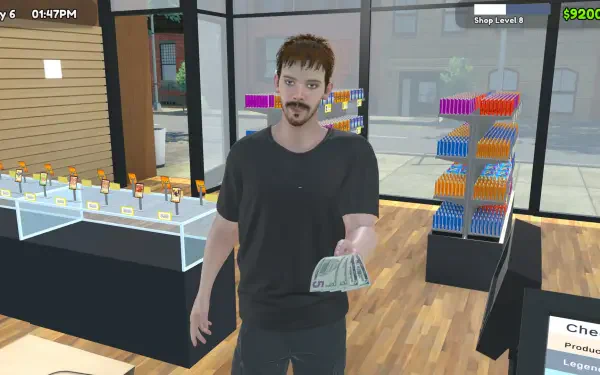 A character holding money in a virtual card shop, showcasing elements of the TCG Card Shop Simulator video game. Bright shelves and a modern interior create an engaging atmosphere.