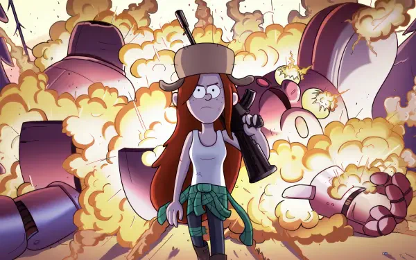 Wendy Corduroy from the TV show Gravity Falls strides confidently through an explosion, ready for action in this vibrant 4K Ultra HD desktop wallpaper.