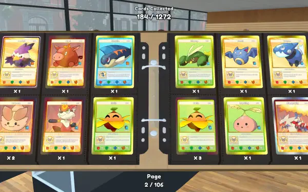 A vibrant HD wallpaper from the video game TCG Card Shop Simulator, showcasing an array of collectible trading cards displayed in an organized format.