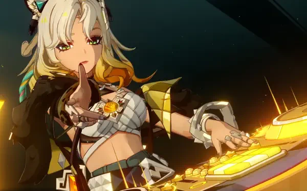 A vibrant HD desktop wallpaper featuring Xilonen from Genshin Impact, showcasing her in a dynamic pose with intricate details and colorful elements that capture the game's aesthetic.