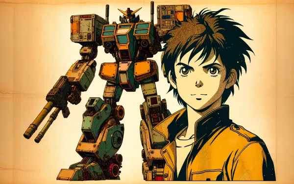 Anime boy stands confidently beside a detailed mecha in this stunning 4K Ultra HD PC desktop wallpaper, showcasing bold colors and dynamic artistry.