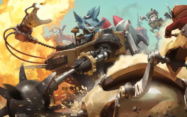 A dynamic 4K Ultra HD wallpaper featuring Rumble from League of Legends, showcasing intense action with robotic elements and fiery explosions, set in the vibrant world of Legends of Runeterra.