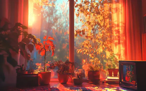 cozy autumn aesthetic plant sunlight window home decor HD Desktop Wallpaper | Background Image