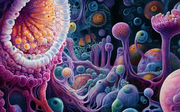 A stunning 4K Ultra HD desktop wallpaper showcasing a vibrant, intricate depiction of microbial life, featuring colorful structures and a detailed, otherworldly environment.