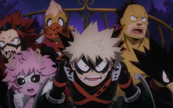 A vibrant HD desktop wallpaper from My Hero Academia: You're Next features Katsuki Bakugou, Koji Koda, Rikido Sato, and Mina Ashido, showcasing their dynamic expressions and iconic costumes.