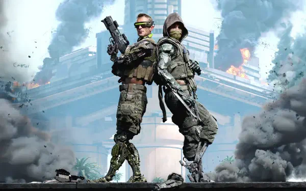 Dynamic scene from the video game Off The Grid, featuring two armed characters back-to-back amidst a smoky, explosive backdrop, presented as a 4K Ultra HD desktop wallpaper.