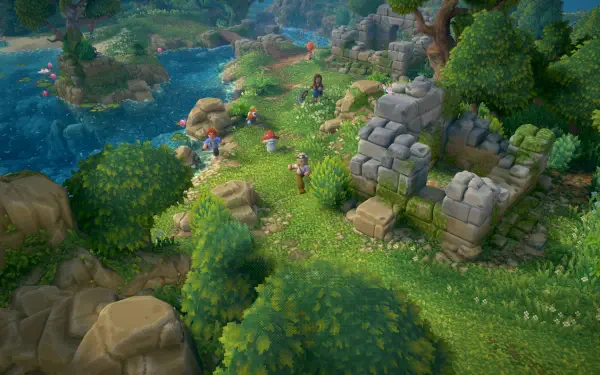 HD PC desktop wallpaper of a vibrant Luma Island scene from a video game, featuring lush greenery, ruins, and characters exploring the landscape.