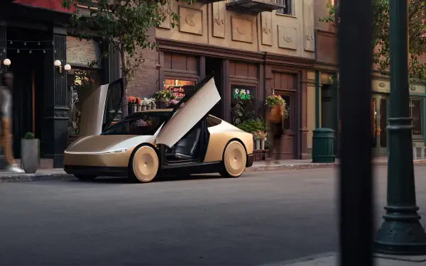 A sleek Tesla robotaxi with futuristic design is parked on a city street, showcasing its unique gullwing doors against a charming urban backdrop. 