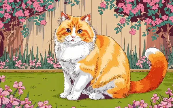 A vibrant, stylized illustration of a ragdoll cat sitting in a garden filled with flowers, set against a colorful backdrop, designed as a 4K Ultra HD PC desktop wallpaper.