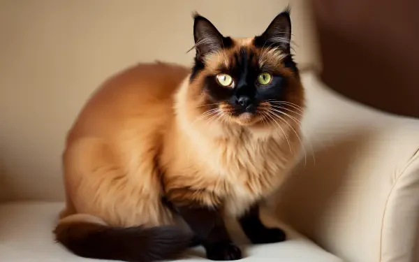 A beautiful ragdoll cat sits gracefully on a sofa, showcasing its striking fur and vibrant green eyes in this stunning 4K Ultra HD desktop wallpaper.
