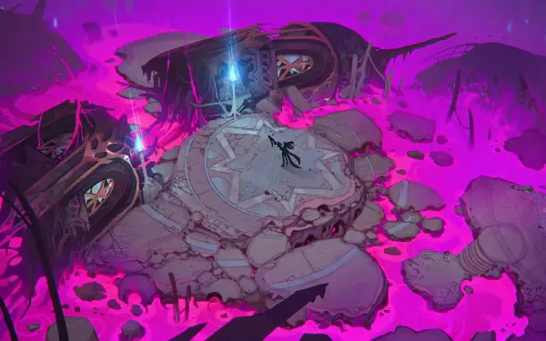 A vibrant HD wallpaper from the video game Supervive, featuring a mystical, surreal landscape with glowing elements and a dramatic purple backdrop.