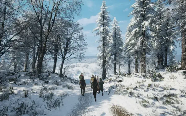 A serene winter landscape from the video game Medieval Dynasty, featuring travelers on a snowy path surrounded by tall trees under a bright blue sky.