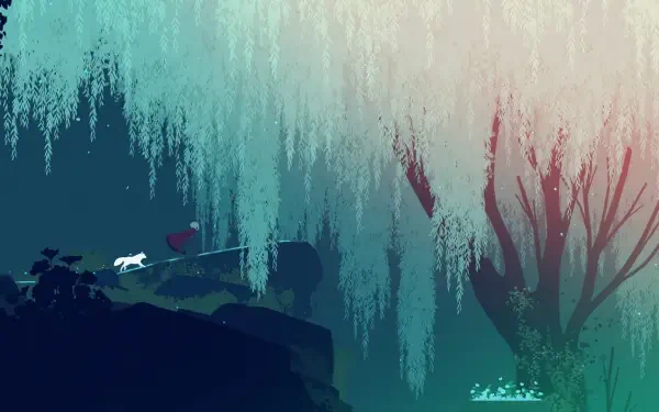 A serene HD wallpaper featuring a scene from the video game Neva, depicting a character with a white companion in an enchanted landscape filled with lush, vibrant foliage.